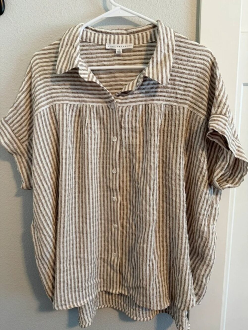 Jane + Delancey XL Striped Button Front Shirt Beige Brown